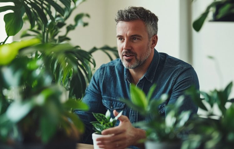 A middle aged man in a denim shirt having a conversation surrounded by green plants.