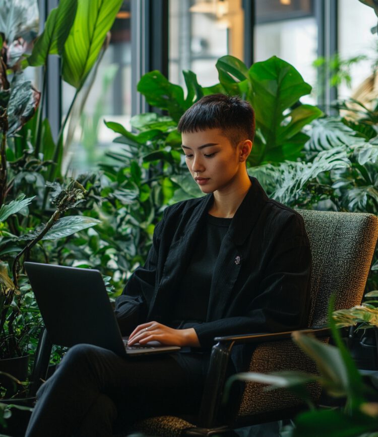 A person in a modern black casual suit working at a laptop. The person is sitting in an office environment surrounded by tall green plants.